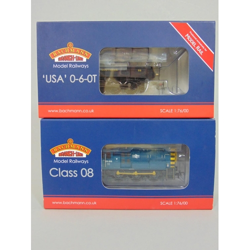 83 - 2 Bachmann locomotives: 32-115B 08818 BR blue wasp stripes (weathered) and MR-102 USA Class 0-6-0T 6... 