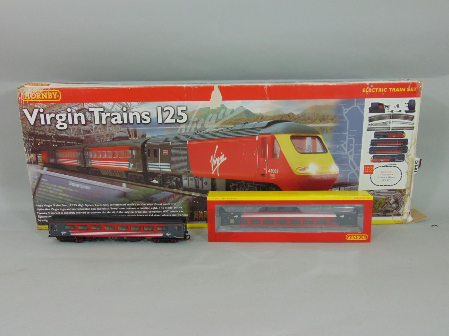 Hornby boxed Virgin Trains 125 set R1023 with missing track and damaged box together with a Virgin