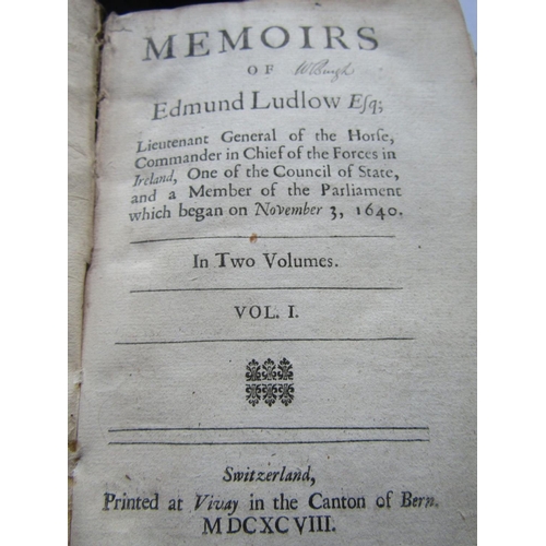 275 - Edmunds Ludlow - Memoirs of - three volumes, printed in Berrn, Switzerland, leather bound, 1698