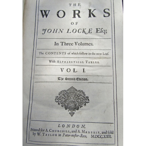 345 - John Locke - The Works of, three volumes, leather bound, 2nd edition, 1722