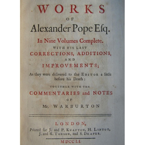 353 - Alexander Pope - The Works of Alexander Pope, nine volumes, leather bound, illustrated 1751