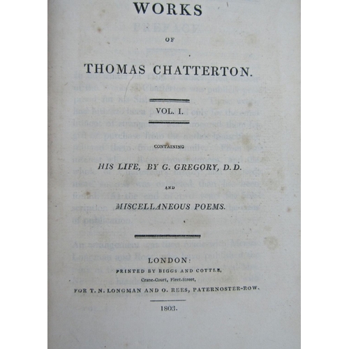 358 - Thomas Chatterton - The Works of, two volumes, leather bound, illustrated, 1803