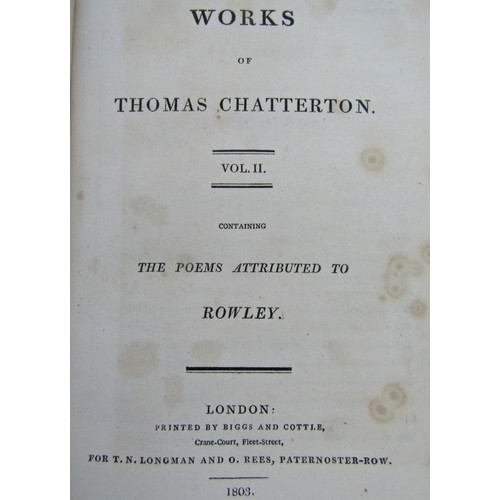 358 - Thomas Chatterton - The Works of, two volumes, leather bound, illustrated, 1803