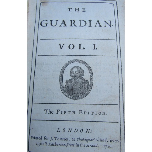 445 - The Guardian, two volumes, 5th edition, 1729, leatherbound, The Tatler - The Lurcurbations of Isaac ... 