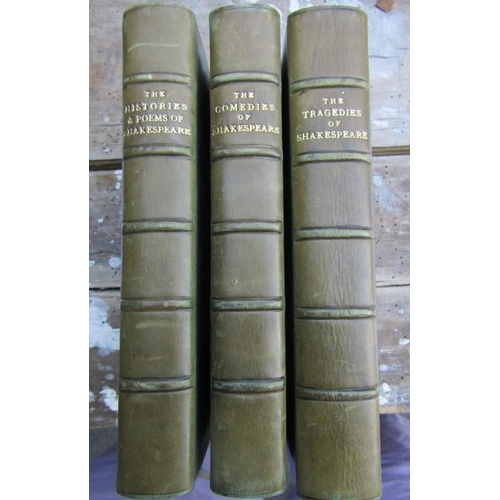 446 - Shakespeare, The Comodies, Tragedies, Histories and Poems, three volumes, Oxford edition, green leat... 