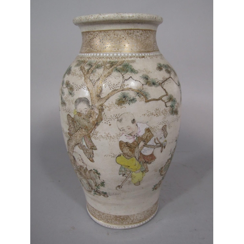 670 - A late 19th century Satsuma vase with polychrome painted and gilded decoration of children climbing ... 