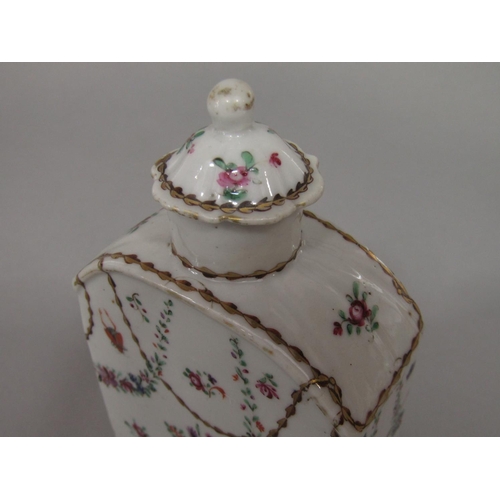 682 - An 18th century Chinese tea caddy and stopper of two sided arched topped form with famille rose pain... 