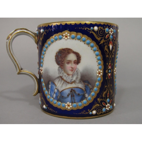 685 - An 18th century Sevres cabinet cup with three oval reserved portrait panels of characters in 17th ce... 