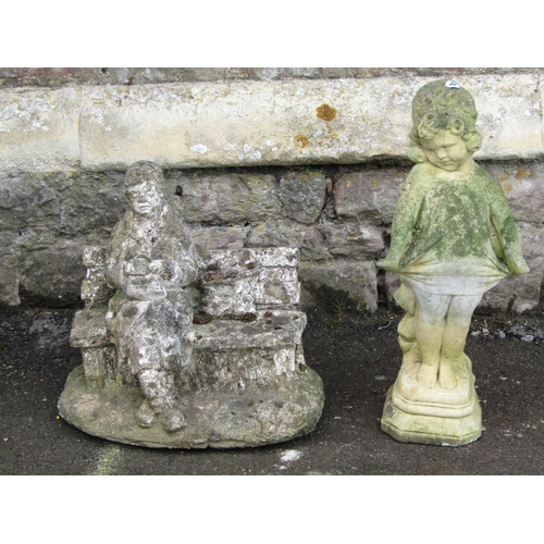 1711 - Two weathered reconstituted figures showing a character seated upon a bench and a further example of... 