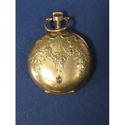 1006 - Good quality French 18ct fob watch, the back with tri-colour relief of floral swags, inset with a ro... 