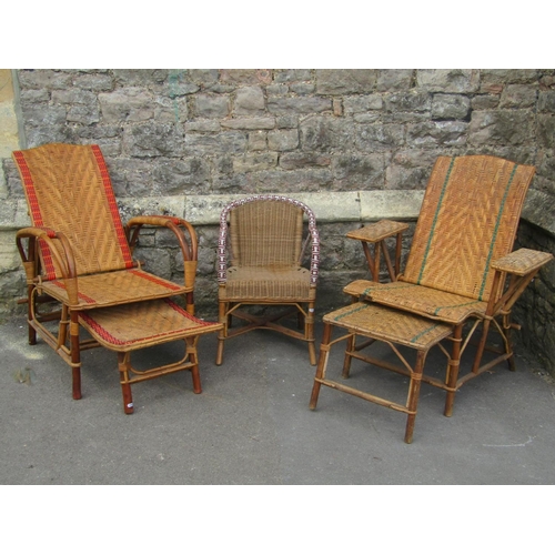 1673 - Two vintage French cane work reclining chairs with adjustable backs and stow away foot rests, both w... 