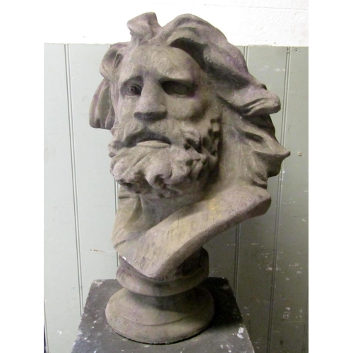 1718 - A composition stone bust of a bearded gentleman with flowing hair and well defined features, raised/... 