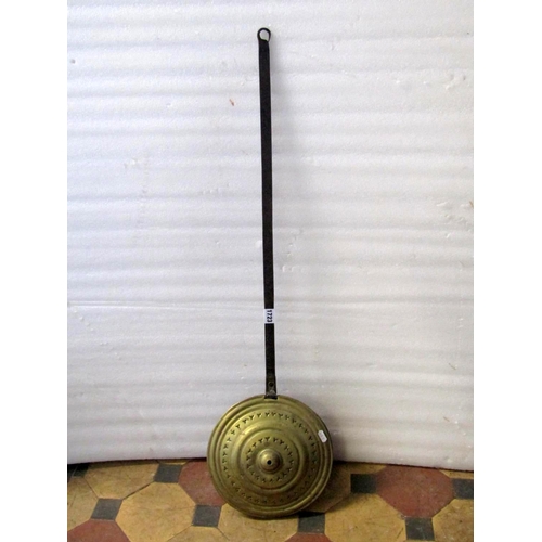 1723 - A 19th century brass warming pan with pierced dome cover and steel handle