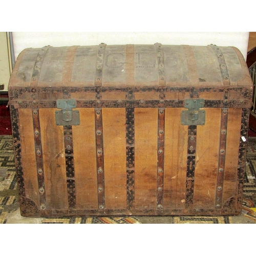 1765 - A large vintage timber lathe and steel banded domed top trunk with studded initials to lid GL, toget... 