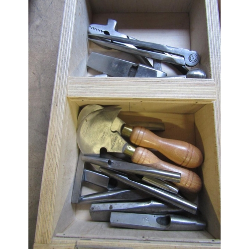 1810 - A plain wooden box containing leather workers tools