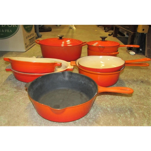 1818 - Le Creuset saucepans of varying size, oval tureen and cover, etc in burnt orange colourway