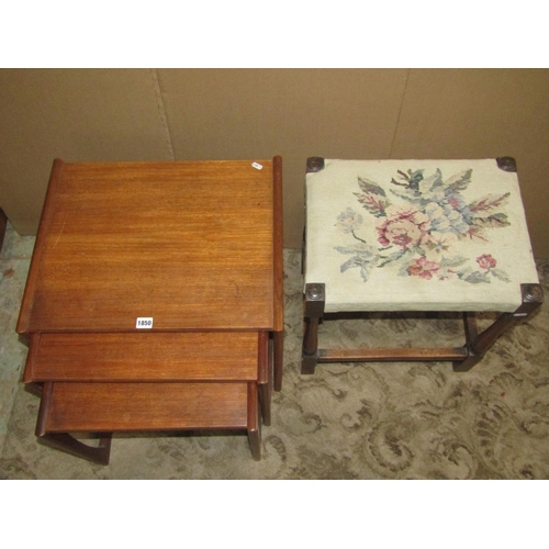 1850 - A nest of three graduated G plan quadrille occasional tables together with an oak stool with floral ... 