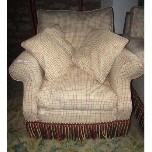 1971 - A pair of good quality traditional drawing room chairs with rolled arms, cream ground beige upholste... 