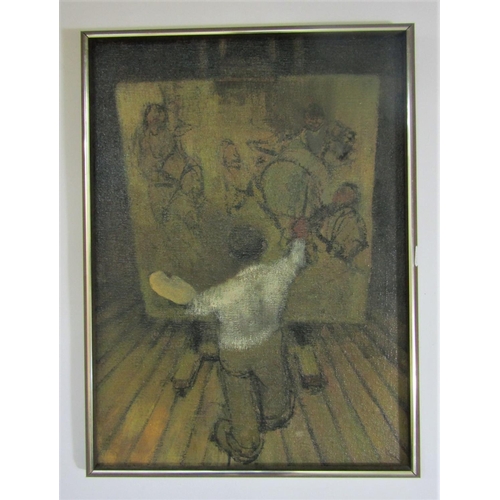 2202 - Leonard E Creo (American B.1923) - Studio scene with artist at his easel, oil on canvas, signed, 54 ... 