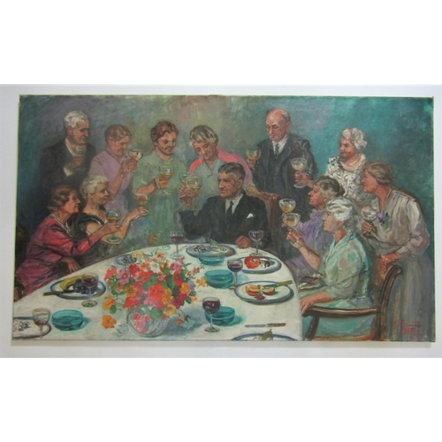 2203 - J Fare (mid-20th century school) - Scene with twelve diners surrounding a table, all raising their g... 