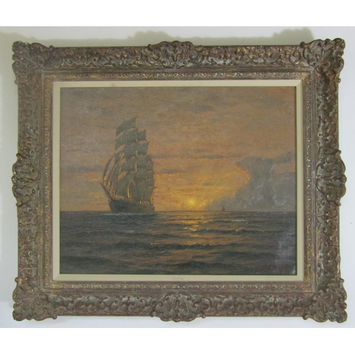 2206 - Francis Glusing (1886-1957) - Marine scene with three masted sailing vessel at sunset, oil on canvas... 