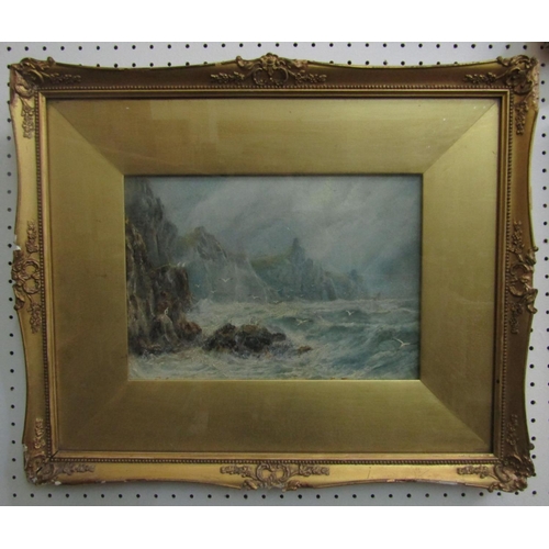 2212 - 19th century British school - Coastal landscape on a stormy day with sea birds, oil on board, unsign... 