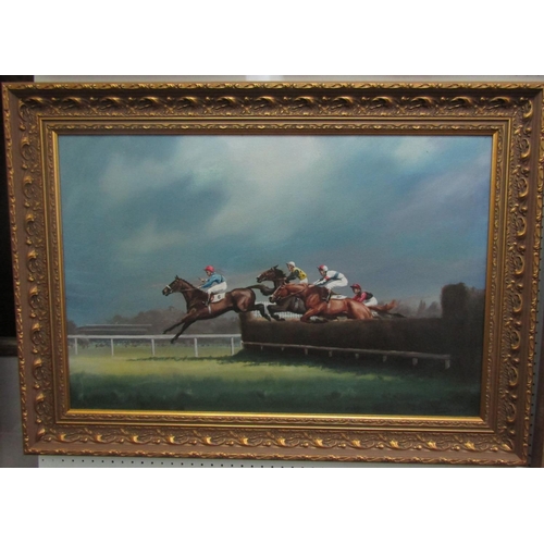 2213 - L John Morris (British 20th century school) - horse racing scene, oil on canvas, signed and dated 19... 