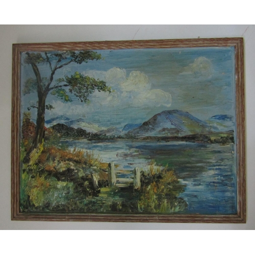 2214 - Mary Faint (20th century school) - Mountainous lakeland scene, oil on board painted in palette knife... 