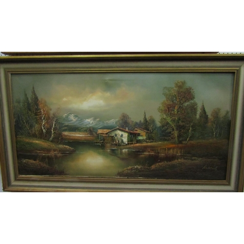 2215 - 20th century continental school - Extensive landscape with lakeside buildings and distant mountains,... 