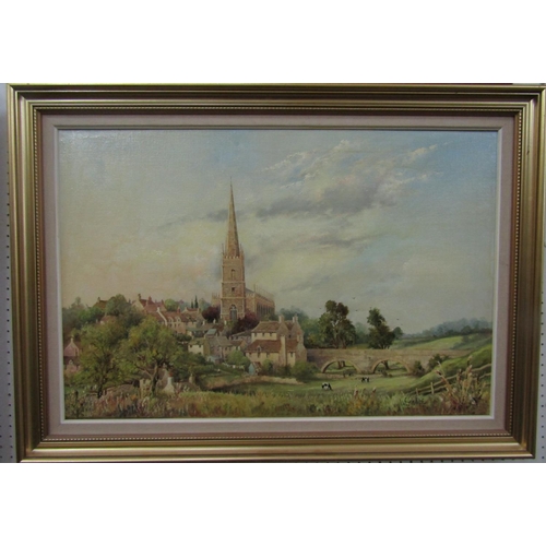 2220 - W E Philips (20th century British school) - A view of Tetbury Church, with bridge, cattle grazing, e... 