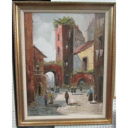 2222 - U Monica (20th century continental school) - View of a Mediterranean style town scene with figures, ... 