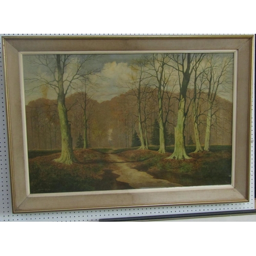 2231 - David Mead (1906-1986) - Woodland scene in late autumn, oil on canvas, signed, remains of label vers... 