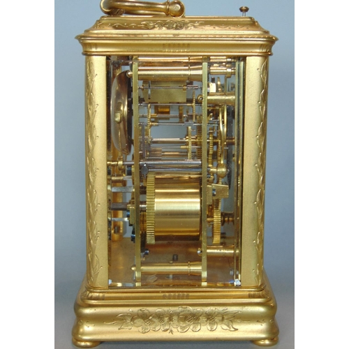 1178 - Good quality French gilt brass carriage clock, attributed to Joseph Soldano, the engine turned silve... 