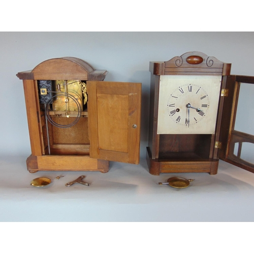 1195 - Three various mantle clocks to include a tall wooden mantle clock by HAC of Germany in oak with boxw... 