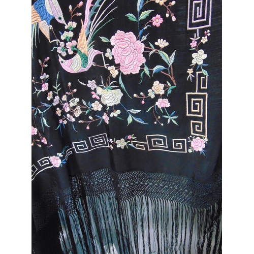 1223 - Early 20th century chinese piano shawl with brightly coloured birds and flowers on black silk ground... 