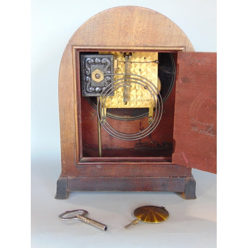 1189 - English 14 day two train chiming mantle clock, with silvered dial and enamelled Arabic numerals stri... 