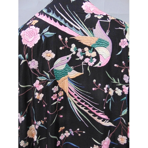 1223 - Early 20th century chinese piano shawl with brightly coloured birds and flowers on black silk ground... 