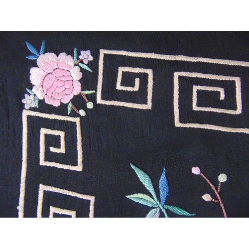 1223 - Early 20th century chinese piano shawl with brightly coloured birds and flowers on black silk ground... 