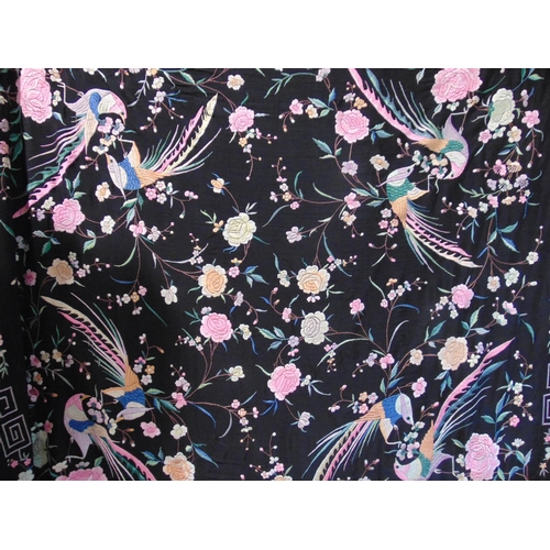 1223 - Early 20th century chinese piano shawl with brightly coloured birds and flowers on black silk ground... 