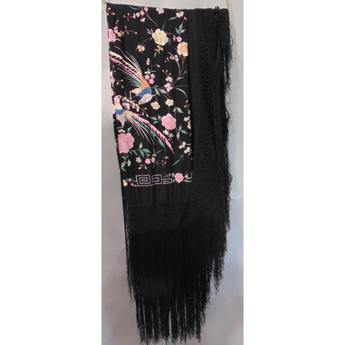 1223 - Early 20th century chinese piano shawl with brightly coloured birds and flowers on black silk ground... 