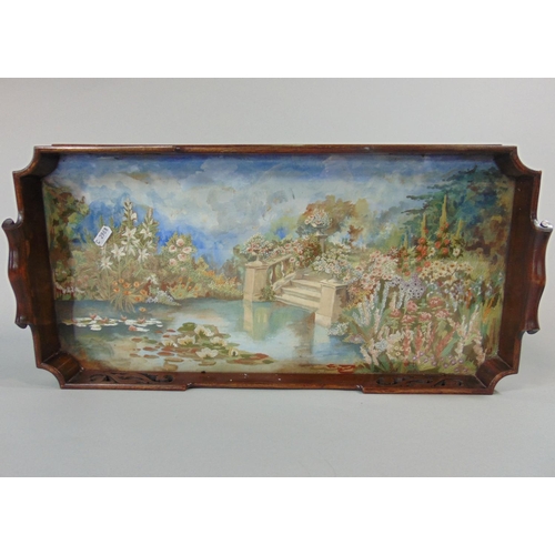 1231 - 2 hardwood gallery trays each with glass over embroidered and painted base, with bright colours and ... 