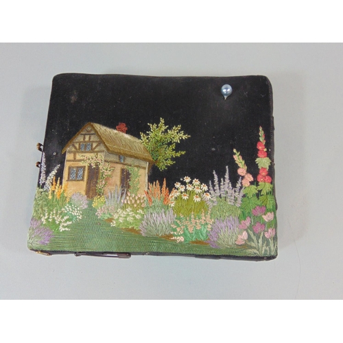 1231 - 2 hardwood gallery trays each with glass over embroidered and painted base, with bright colours and ... 