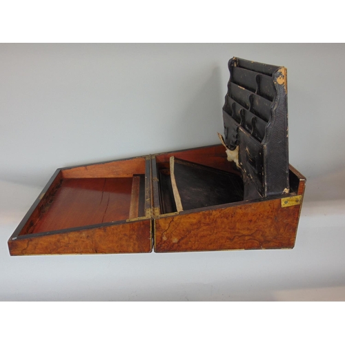 1401 - 19th century burr walnut campaign writing slope, the hinged lid enclosing a sprung interior, with wa... 