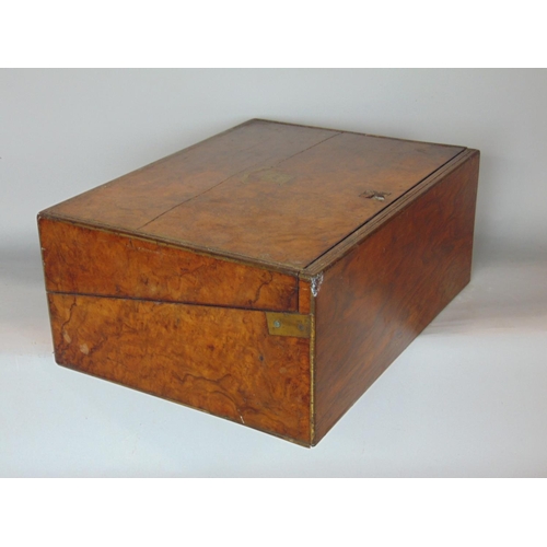 1401 - 19th century burr walnut campaign writing slope, the hinged lid enclosing a sprung interior, with wa... 