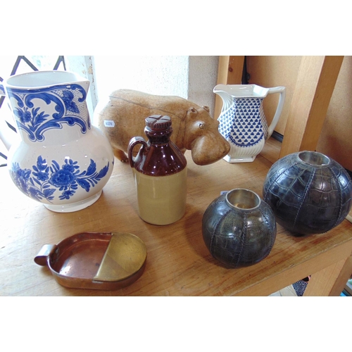 1404 - A mixed lot to include a carved treen wooden Hippo, pair of stitched leather clad tea light holders,... 