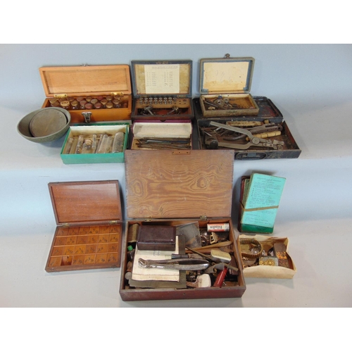 1411 - A box of interesting items to include watchmakers tools in various wooden boxes, other tools, collec... 