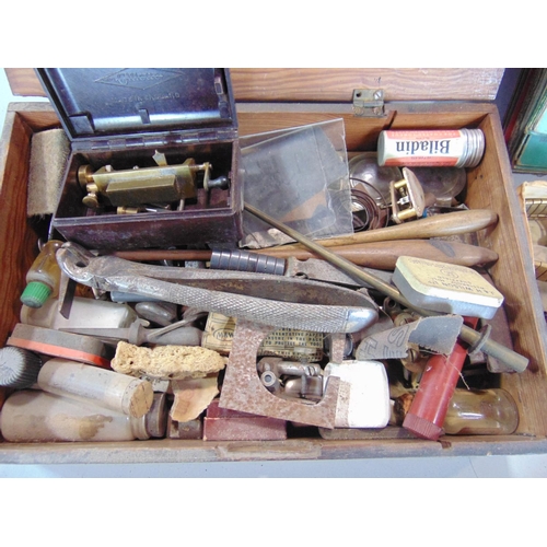 1411 - A box of interesting items to include watchmakers tools in various wooden boxes, other tools, collec... 