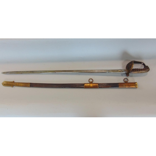 1418 - 1827 pattern naval officers sword, the engraved blade 80cm long, with leather and brass mounted scab... 