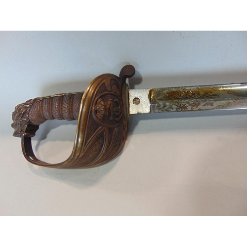 1418 - 1827 pattern naval officers sword, the engraved blade 80cm long, with leather and brass mounted scab... 