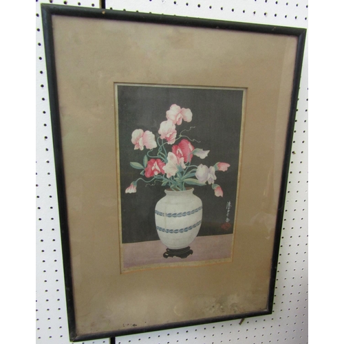 2243 - Yoshijiro Urushibara (known as Mokuchu) (Japanese 1889-1953) - Sweet Peas in a vase, coloured wood b... 